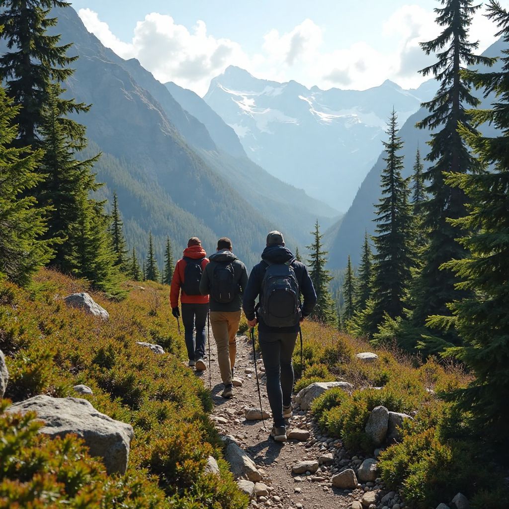 Team guiding group through mountain trail