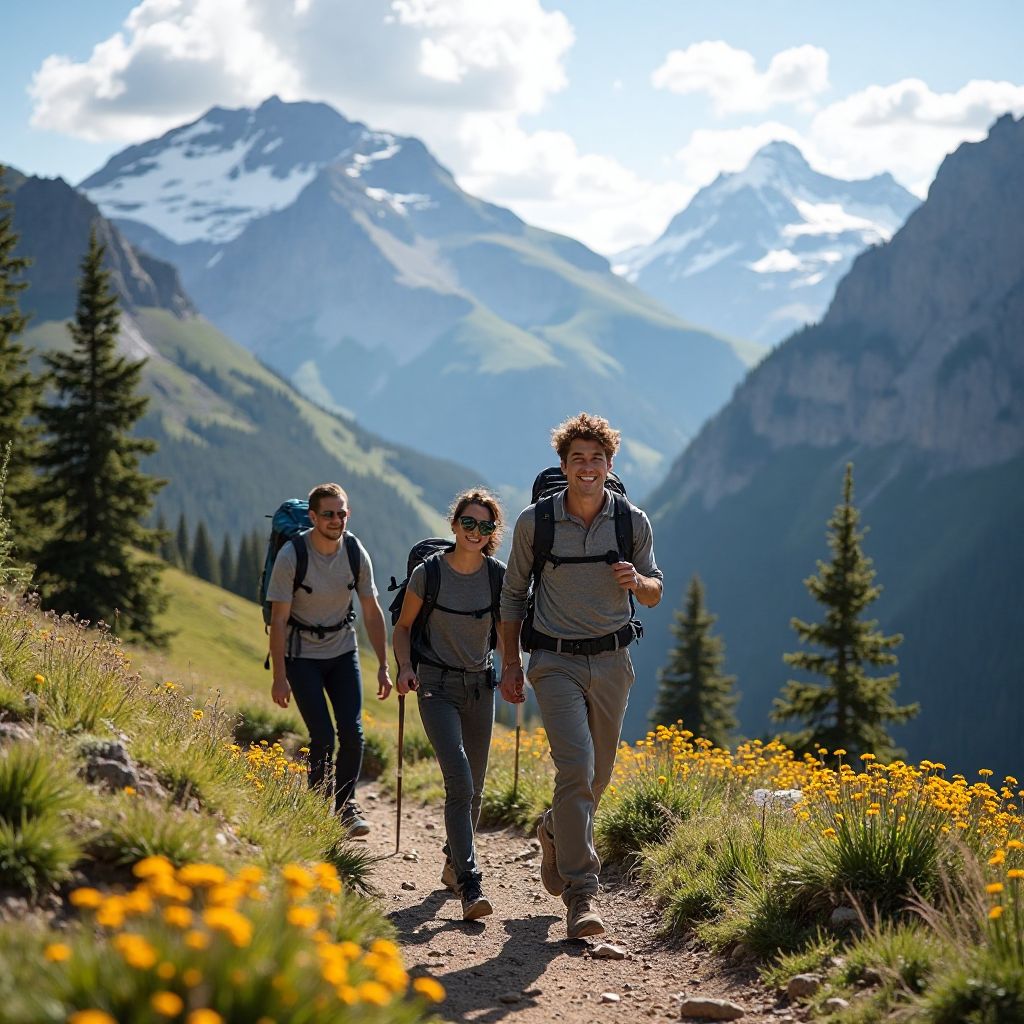 Hiking group in Canadian Rocky Mountains